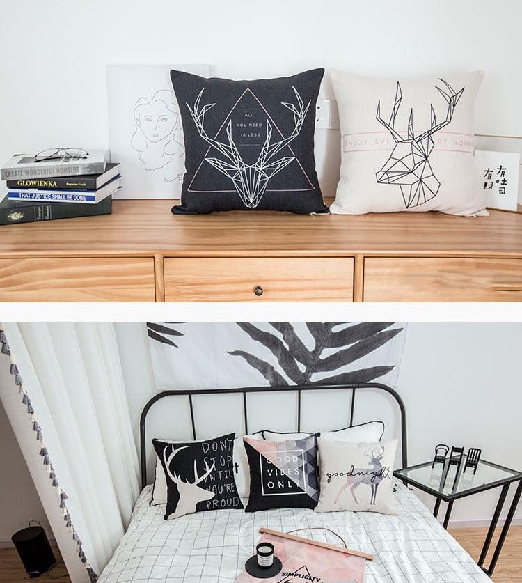 Nordic Style Pillow Covers Decorative Deer Black Throw Pillows Geometric Cushions Cover Deer Rustic Watercolor Head Popular Vintage Antlers Silhouette Pattern Wood Decorative Pillow Cases Home Decor Square 45X45cm