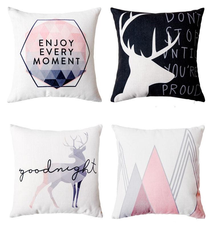 Nordic Style Pillow Covers Decorative Deer Black Throw Pillows Geometric Cushions Cover Deer Rustic Watercolor Head Popular Vintage Antlers Silhouette Pattern Wood Decorative Pillow Cases Home Decor Square 45X45cm
