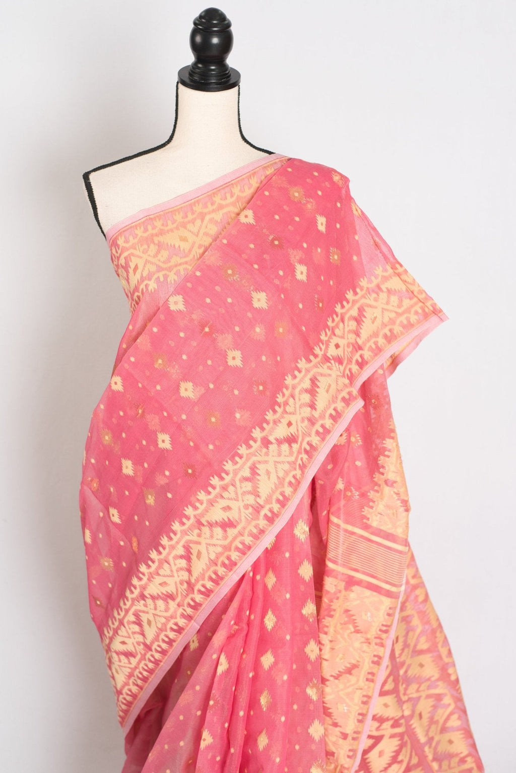 Prerna : Blended Soft Cotton Jamdani Bengali Saree in Pink and Yellow