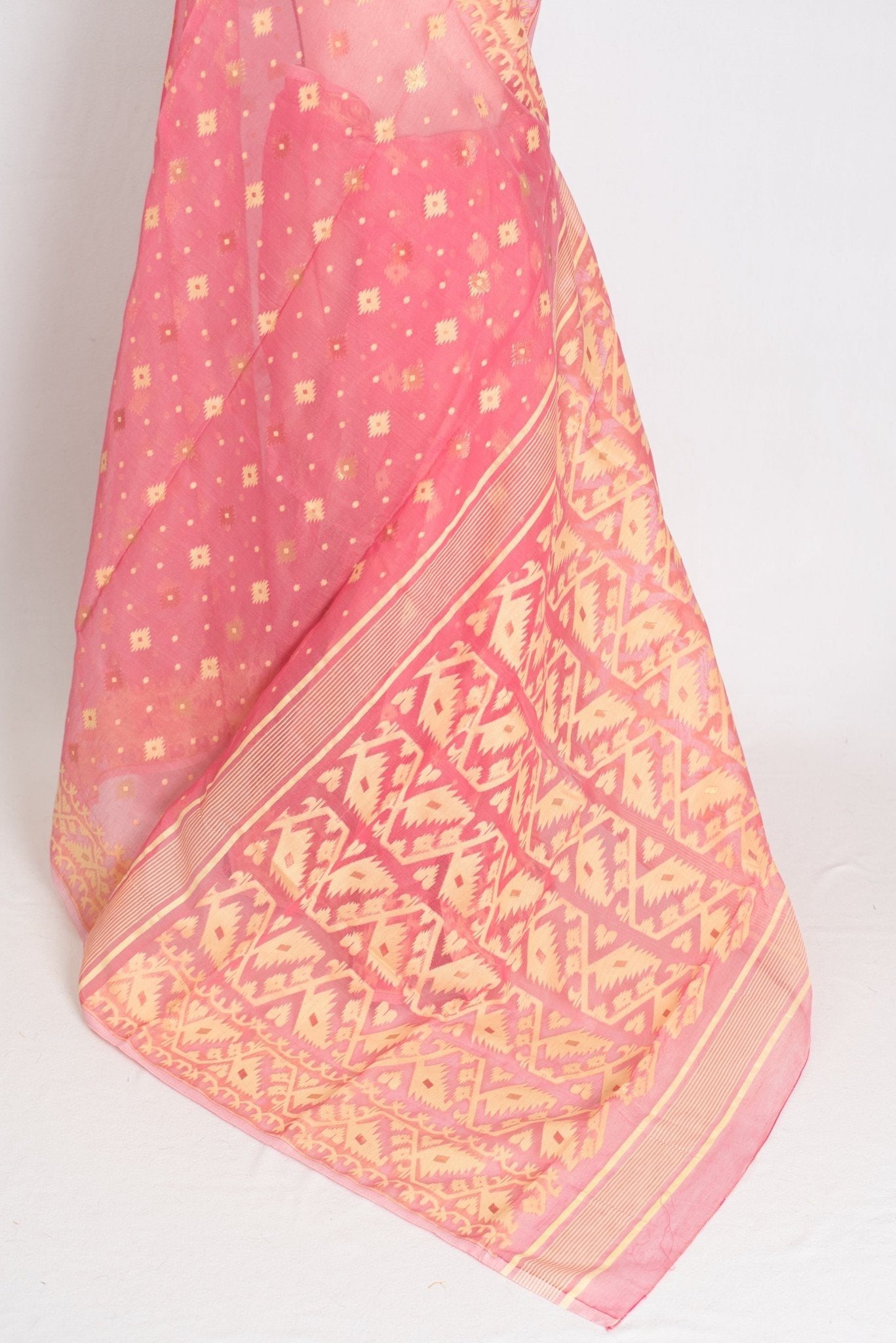 Prerna : Blended Soft Cotton Jamdani Bengali Saree in Pink and Yellow