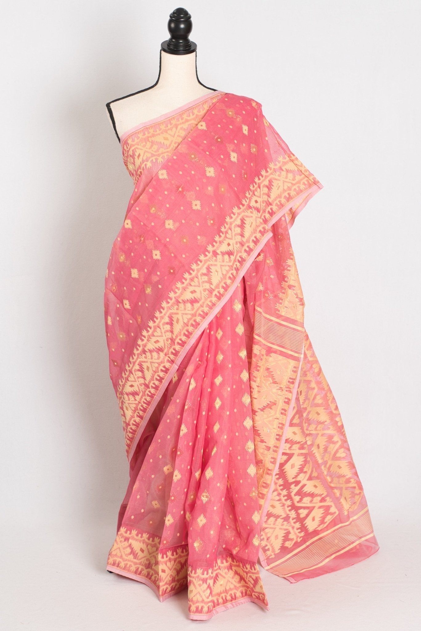 Prerna : Blended Soft Cotton Jamdani Bengali Saree in Pink and Yellow