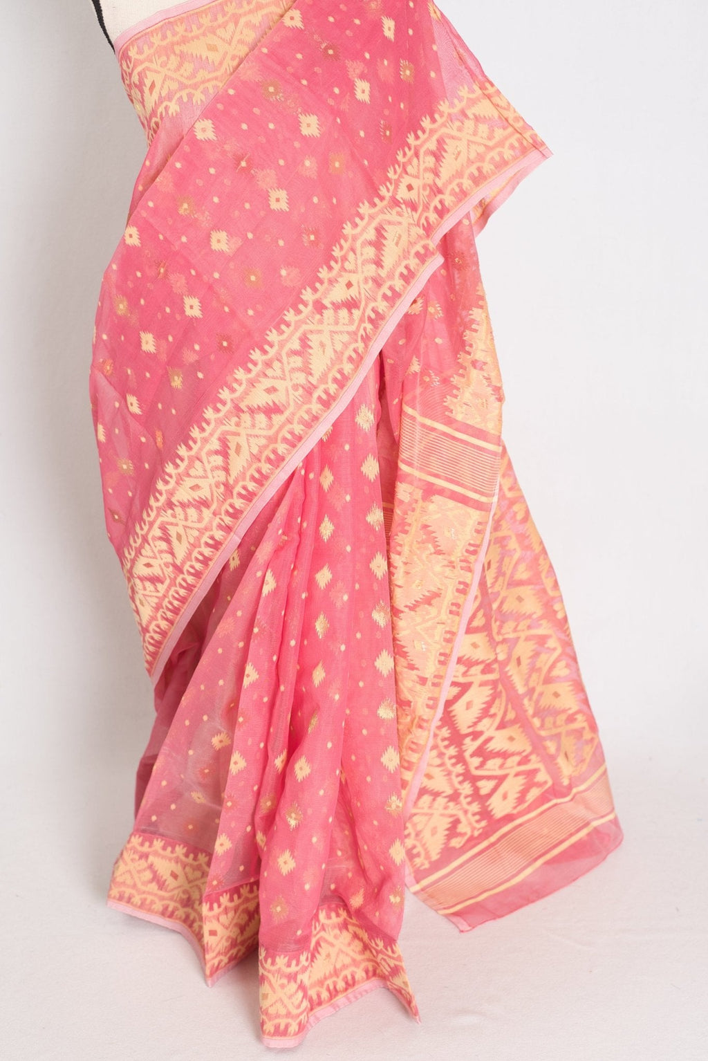 Prerna : Blended Soft Cotton Jamdani Bengali Saree in Pink and Yellow