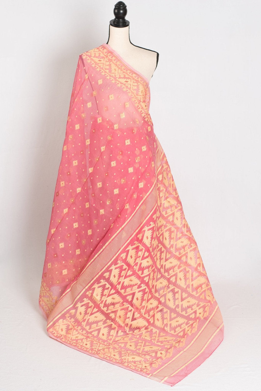 Prerna : Blended Soft Cotton Jamdani Bengali Saree in Pink and Yellow