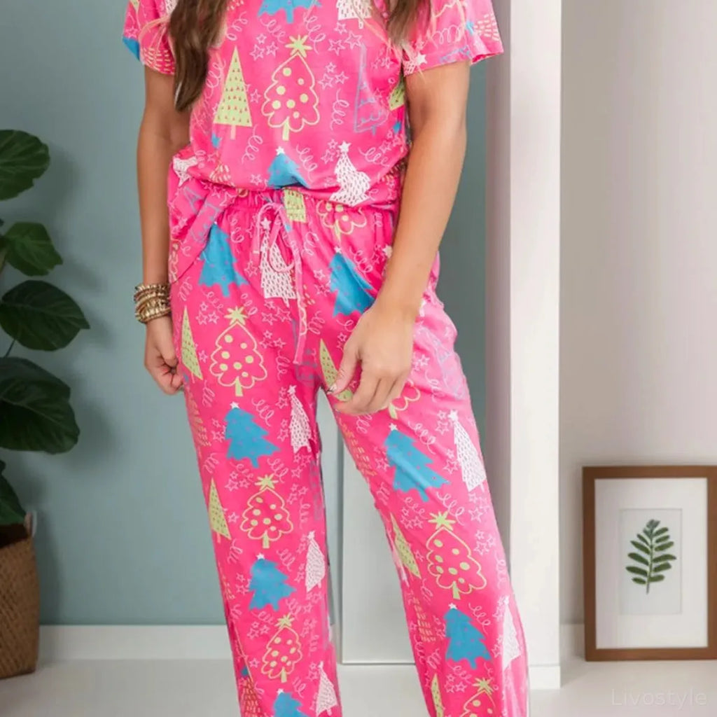Printed V-Neck Short Sleeve Top and Pants Lounge Set