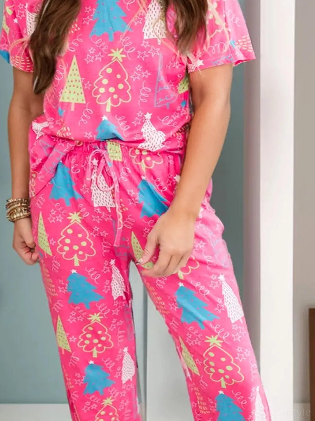 Printed V-Neck Short Sleeve Top and Pants Lounge Set