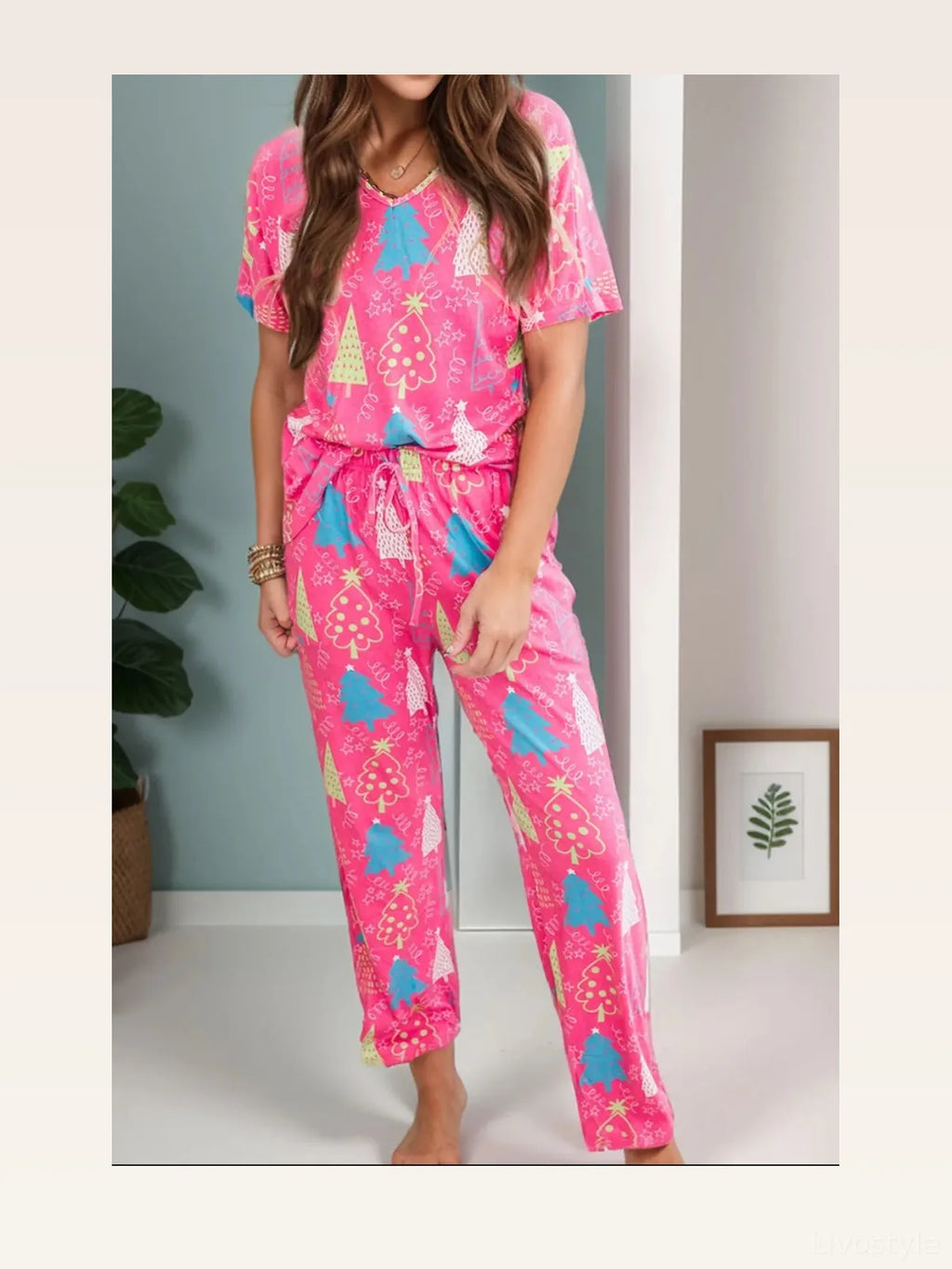 Printed V-Neck Short Sleeve Top and Pants Lounge Set