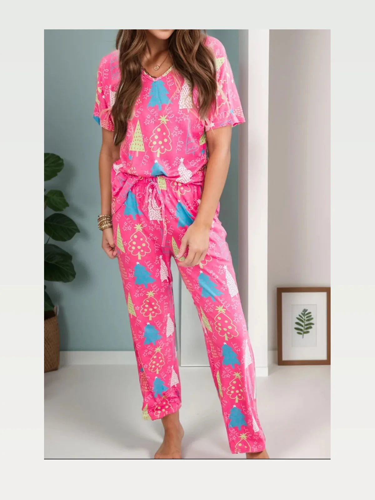 Printed V-Neck Short Sleeve Top and Pants Lounge Set