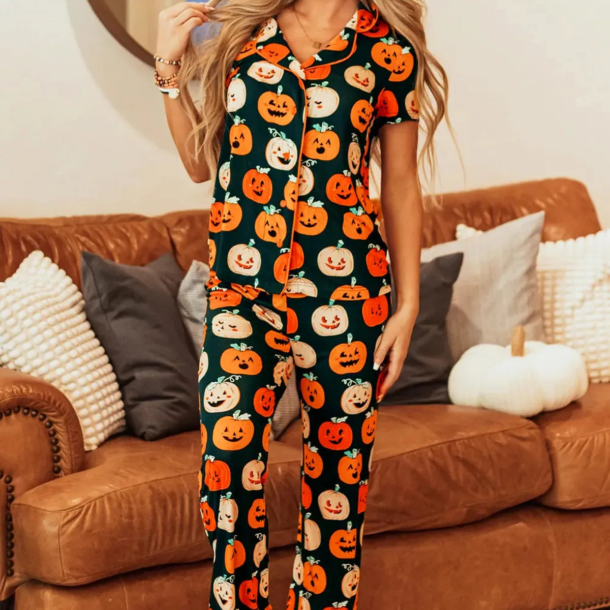 Pumpkin Printed Short Sleeve Top and Pants Lounge Set