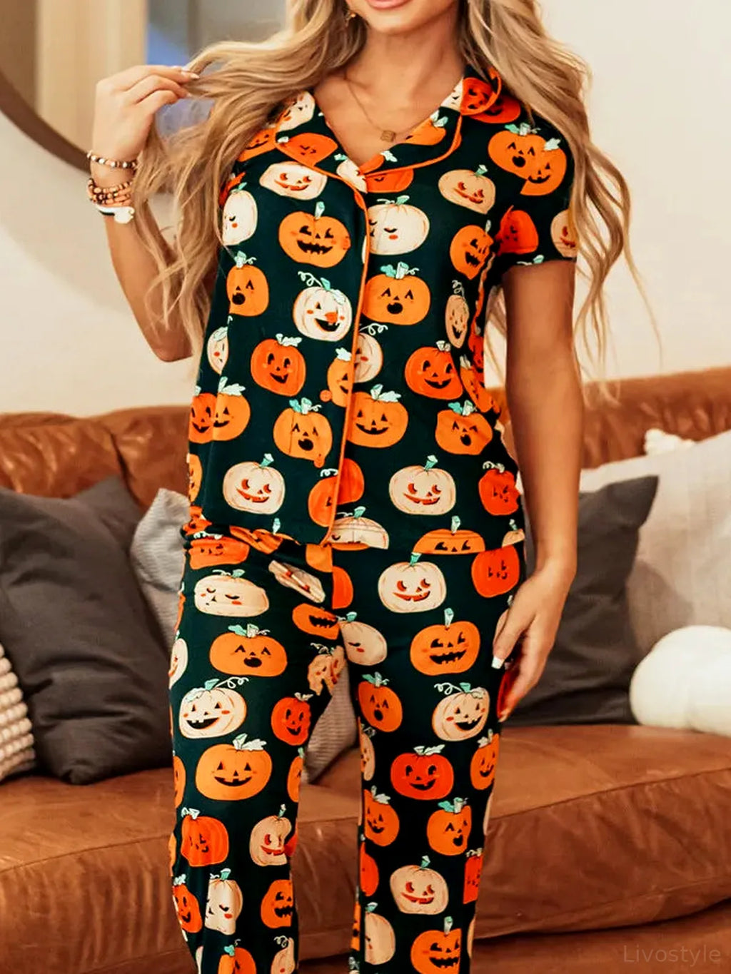 Pumpkin Printed Short Sleeve Top and Pants Lounge Set