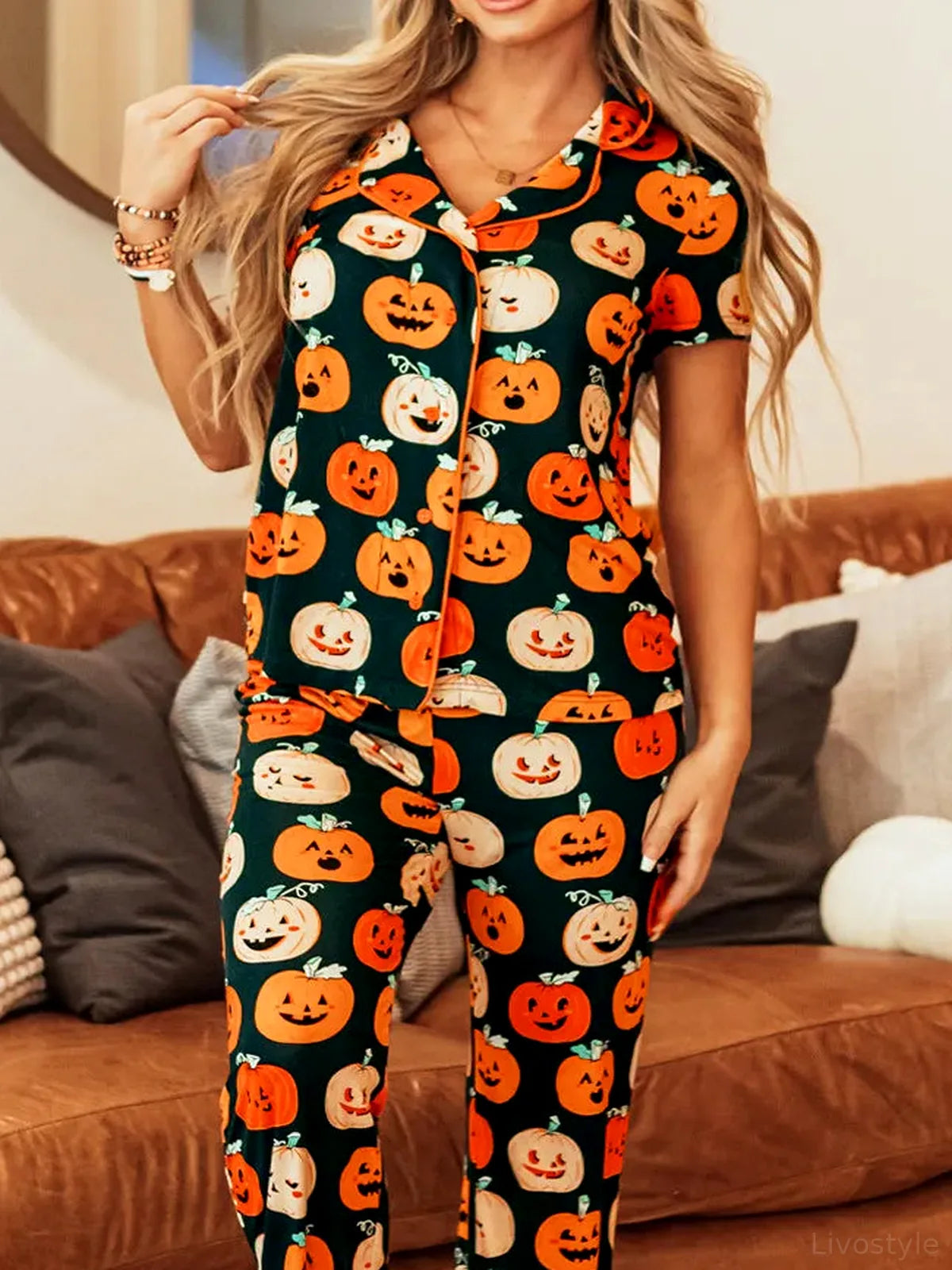 Pumpkin Printed Short Sleeve Top and Pants Lounge Set