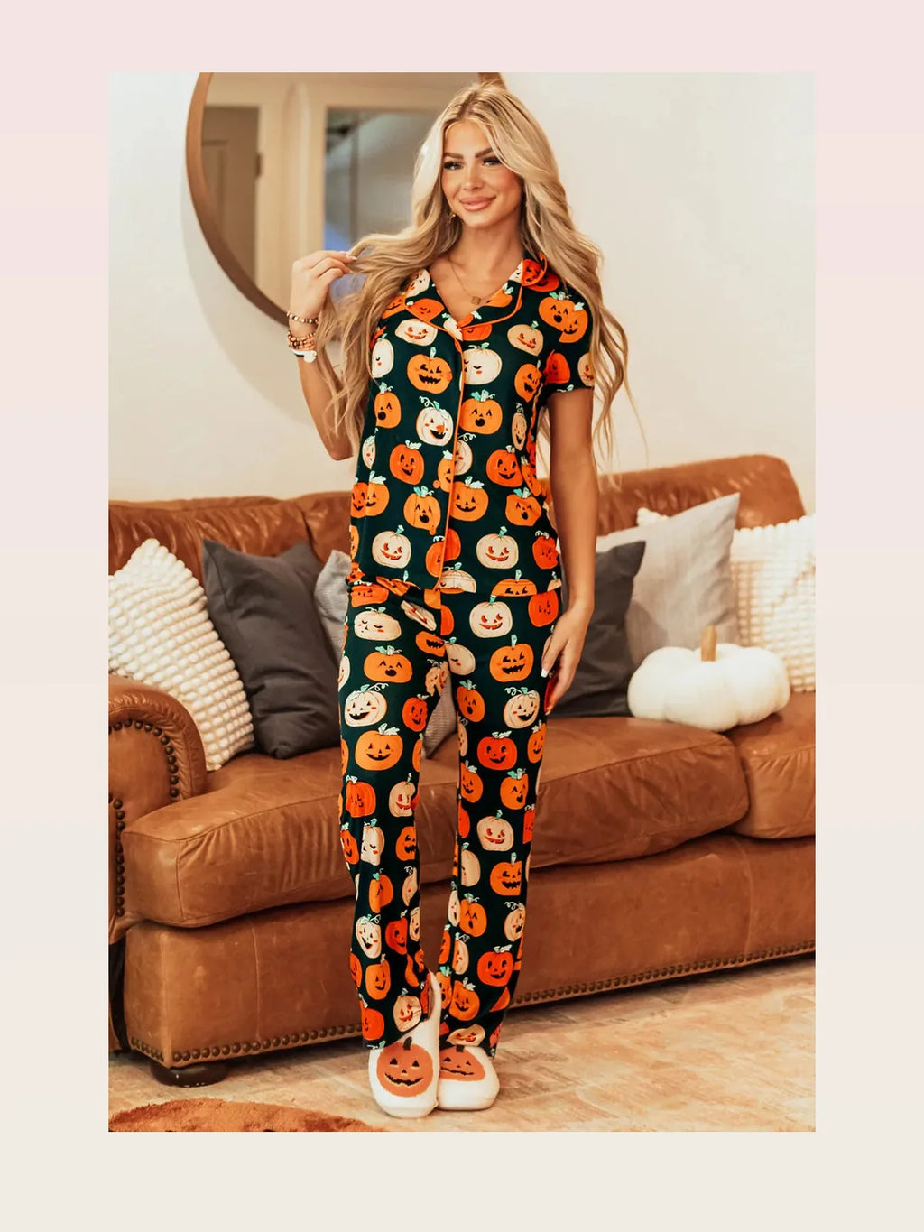 Pumpkin Printed Short Sleeve Top and Pants Lounge Set