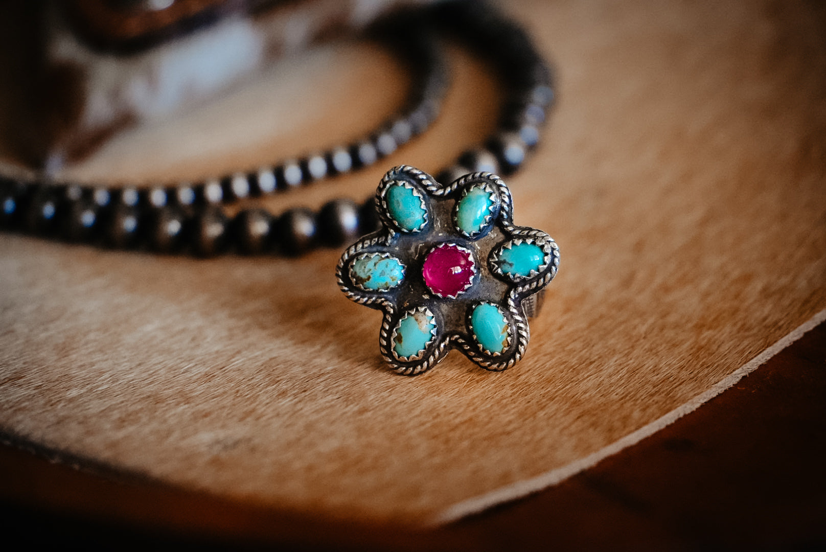 Handmade Ruby and Kingman Turquoise Sterling Silver Ring Size 8.5