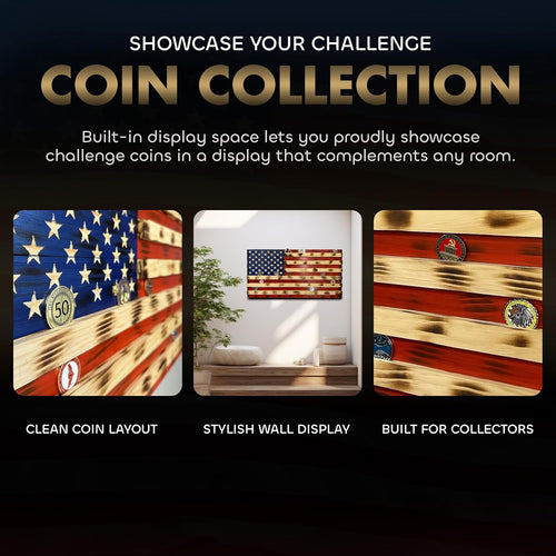 American Flag Challenge Coin Display and Hidden Gun Cabinet, Military Coin Holder Holds 100 Coins and is Ready to Hang, Large US Flag Patriotic Art 38.5" x 19.5"