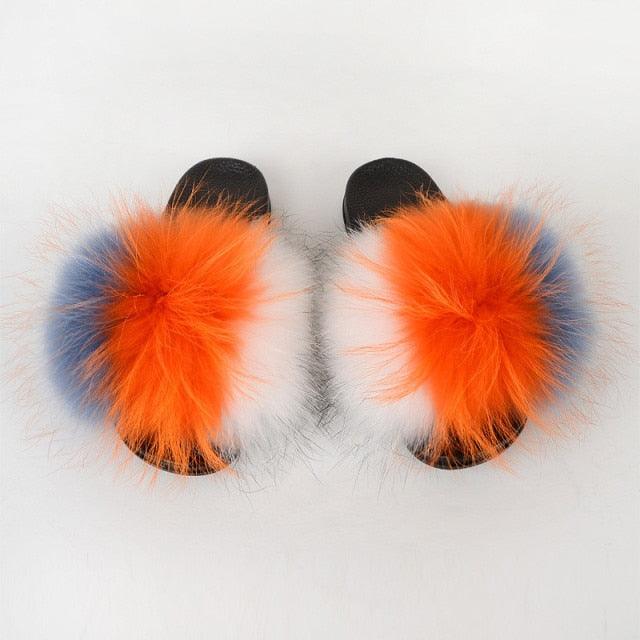 Summer Women Raccoon Fur Slippers Plush Slides Furry Sandals Fluffy House Shoes Girl's Cute Flip Flops Sandal With Soft Furry Faux Fox Fur House Outdoor Multicolor Slippers