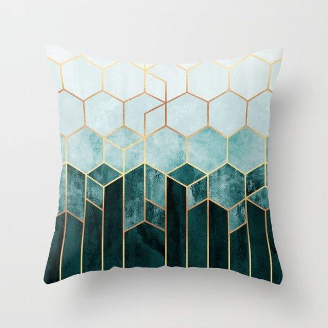 Trend Color Teal Blue Cushion Cover Polyester Geometric Teal Decorative Throw Pillows Covers For Couch Living Room Bedroom Pillow Cover Decorative Pillows Home Decoration Throw Pillowcase 45x45CM