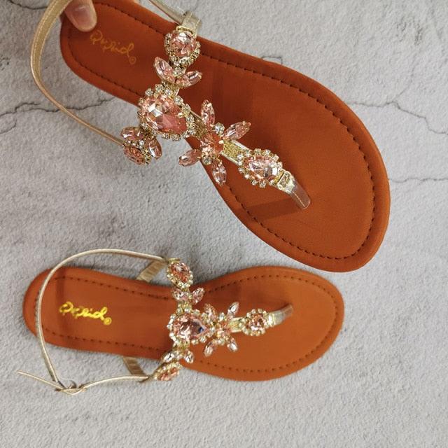 Trendy Summer Women's Shoes Beautiful Crystal Shiny Flat Sandals With Back Strap Footwear Rhinestones Flat Sandals Strappy Comfort Open Toe Flat Women Sandals