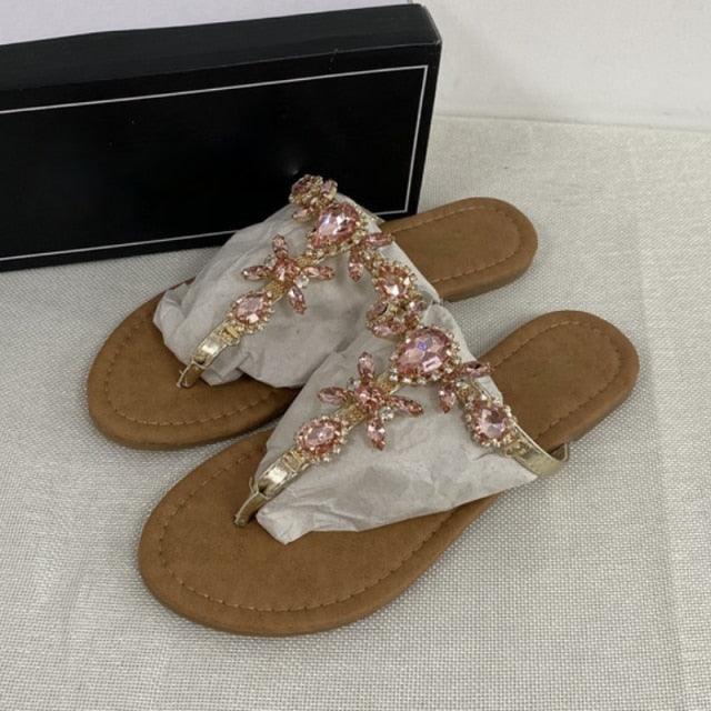 Trendy Summer Women's Shoes Beautiful Crystal Shiny Flat Sandals With Back Strap Footwear Rhinestones Flat Sandals Strappy Comfort Open Toe Flat Women Sandals