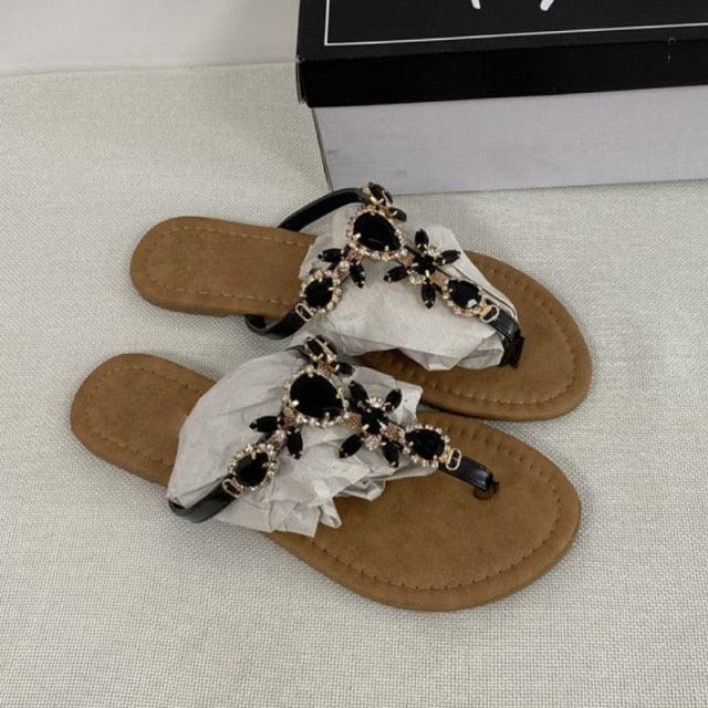 Trendy Summer Women's Shoes Beautiful Crystal Shiny Flat Sandals With Back Strap Footwear Rhinestones Flat Sandals Strappy Comfort Open Toe Flat Women Sandals