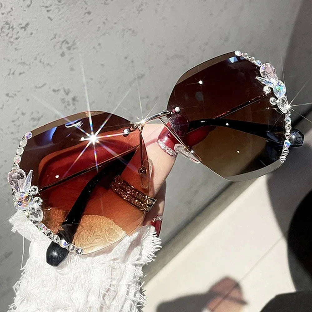 Vintage Rimless Rhinestone Sunglasses | UV Protection Luxury Shades