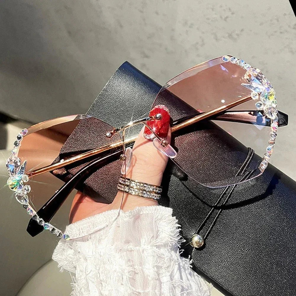 Vintage Rimless Rhinestone Sunglasses | UV Protection Luxury Shades