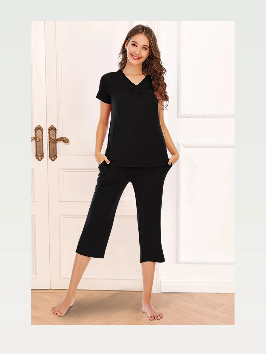 V-Neck Short Sleeve Top and Pants Lounge Set