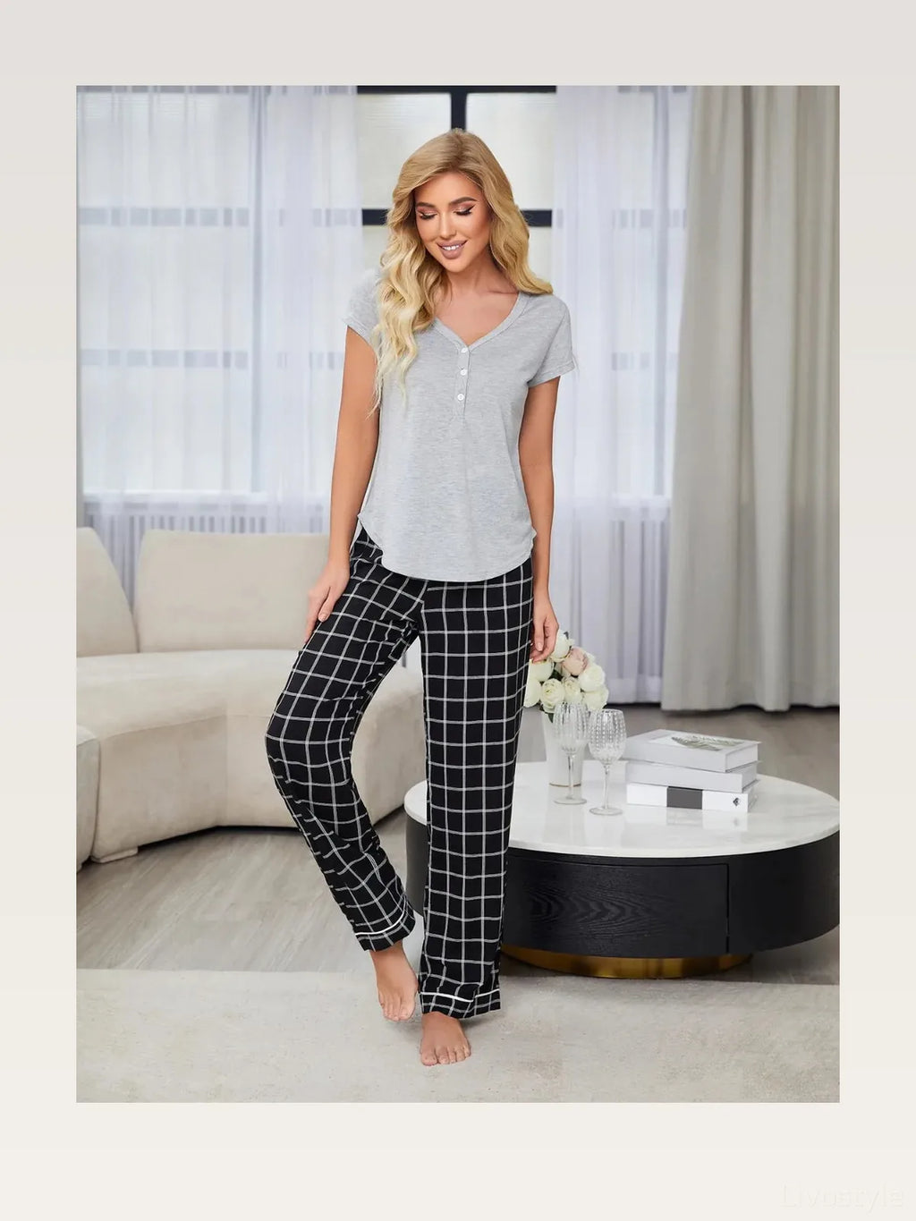 V-Neck Short Sleeve Top and Pants Lounge Set in Black