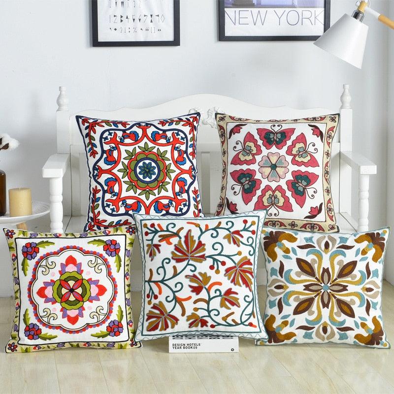 Vintage Embroidery Pillow Case Cushion Cover Ethnic National Handmade Decorative Throw Pillow Cases Covers Embroidery Bohemian Flower Design Couch Pillows Covers for Bed Living Room 45*45CM