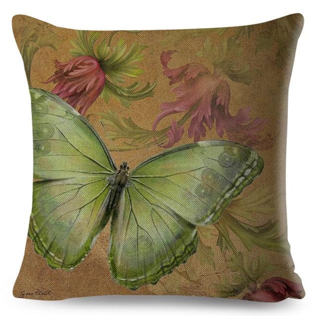 Vintage Europe Style ButteLight Blue Pattern Throw Pillow Covers Old Poster Pillowcase Cotton / Polyester Cushion Cover for Sofa Home Kids Room Butterfly Figure Embellished with Orchid Artistic Leaves Graphic Decorative Square Accent Pillow Case